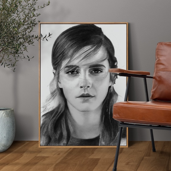 Portrait of Emma Watson, featuring a hyper-realistic charcoal drawing printed on high-quality white satin paper