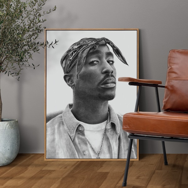 Portrait de Tupac Shakur, avec un dessin au fusain hyper réaliste imprimé sur du papier satiné blanc de haute qualité