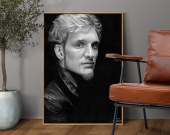 Portrait of Layne Staley, featuring a hyper-realistic charcoal drawing printed on high-quality white satin paper