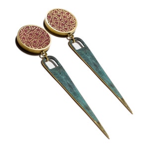 Blue khatam long Brass & Marquetry Earing-bronze- long dangle-accessories-Patina-Handmade Jewelry Ancient Style Historical Design-Royal