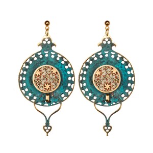 Blue khatam long Brass & Marquetry Earing-bronze- long dangle-accessories-Patina-Handmade Jewelry Ancient Style Historical Design-Royal