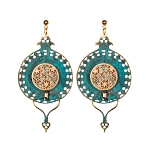 Blue khatam long Brass & Marquetry Earing-bronze- long dangle-accessories-Patina-Handmade Jewelry Ancient Style Historical Design-Royal