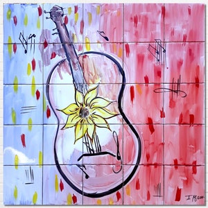 Architectural Tiles, 30inx30in Hand Painted Mosaic Murals, Musical Guitar Backsplash Design - Ceramic Wall Tiles Painting Art