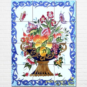 Italian Bouquet, 18inx24in Hand Painted Decorative Mosaic Wall Mural 12pcs Ceramic Tiles Backsplash Design