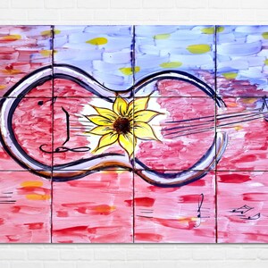 Piastrelle architettoniche, murales a mosaico dipinti a mano 24 pollici x 18 pollici, design per alzatina di chitarra musicale, piastrelle da parete in ceramica, pittura artistica