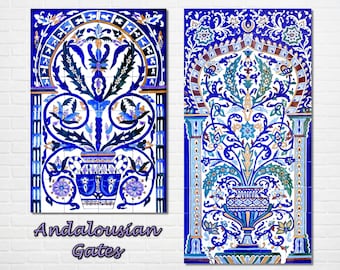 Architectural Tiles, Hand Painted Andalousia Spanish Blue Gate Garden Decorative Mosaic Wall Backsplash Murals