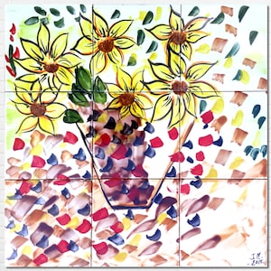 Architectural Tiles, 18inx18in Hand Painted Mosaic Murals, Sunflowers Vase Backsplash Design - Ceramic Wall Tiles Painting Art