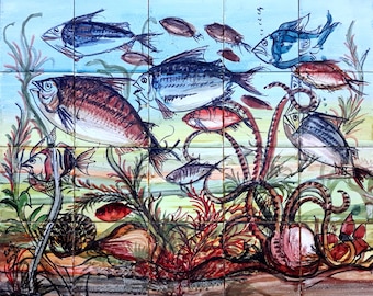 Hand-Painted Aquarium Fish Mosaic Tile Mural: Bathroom Backsplash (30inx24in)