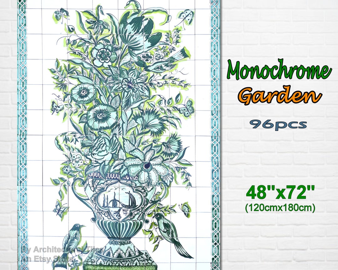 Architectural Tiles, Monochrome Green Handpainted Doves on Garden ...
