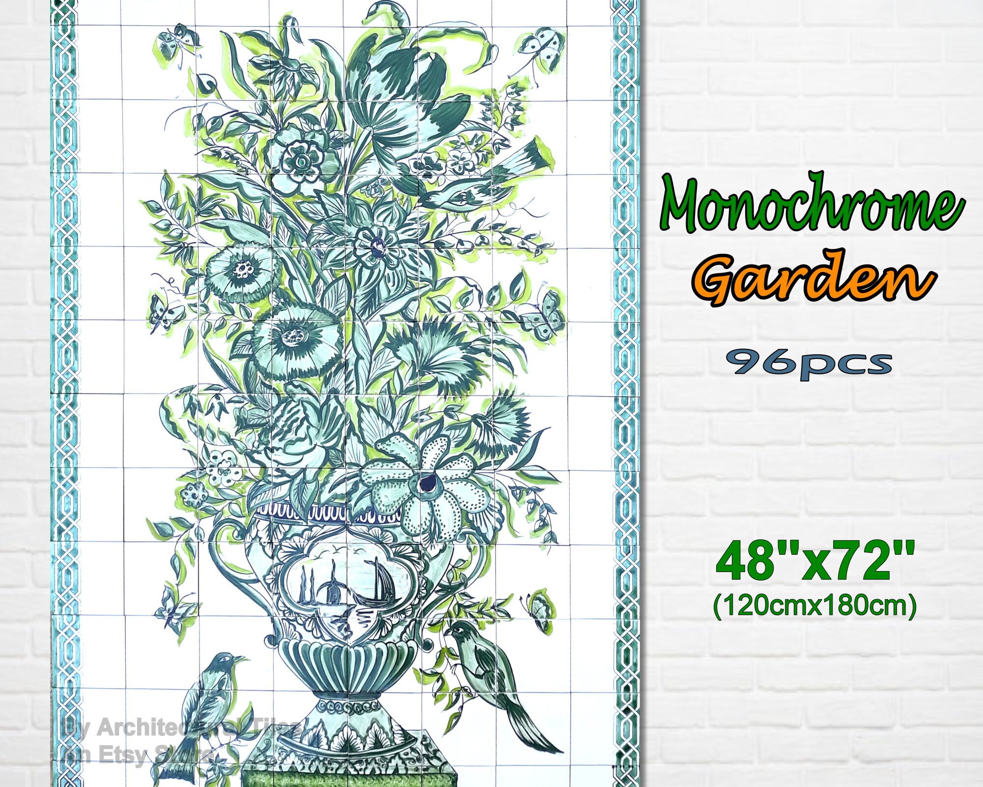 Architectural Tiles Monochrome Green Handpainted Doves on - Etsy