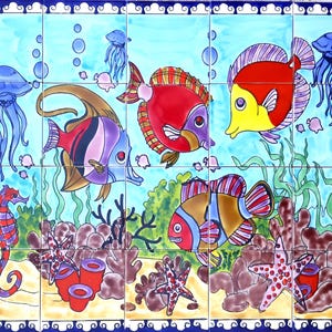 30inx24in Architectural Tiles, Aquarium Fish Handpainted Decorative Mosaic Wall Backsplash Murals Ceramic Tiles - Bathroom Backsplash