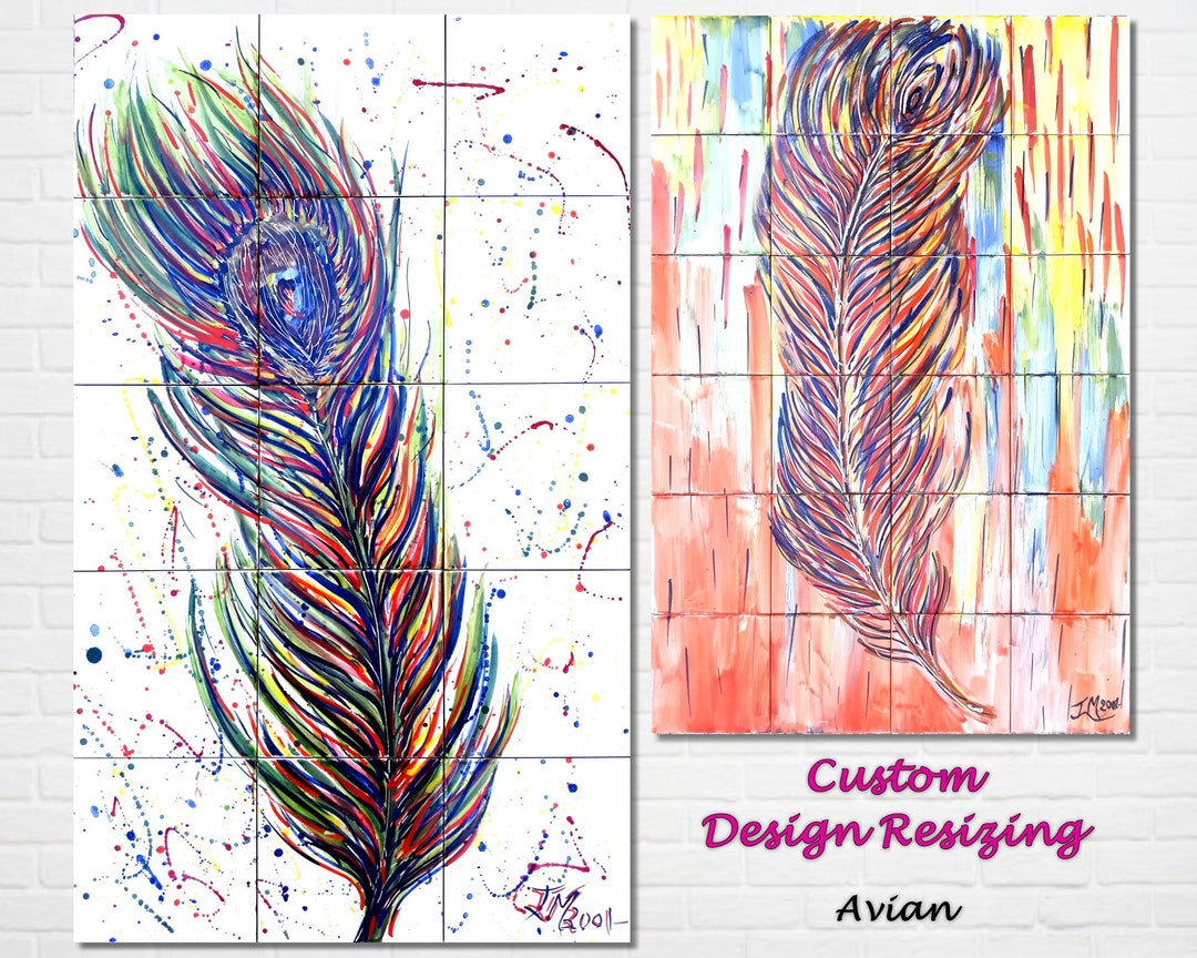 Architectural Tiles, Hand Painted Mosaic Murals, Feather Wall Backsplash, Custom Design Service