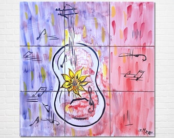 Handgeschilderde gitaarkeramische tegelmuurschildering: muzikale backsplash (18 x 18 inch)