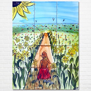 Architectural Tiles, 18inx24in Hand Painted Mosaic Murals, Sunflowers Field Backsplash Design - Ceramic Wall Tiles Painting Art
