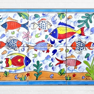 Architectural Tiles, 18inx12in Hand Painted Aquarium Fish Decorative Mosaic Wall Backsplash Murals