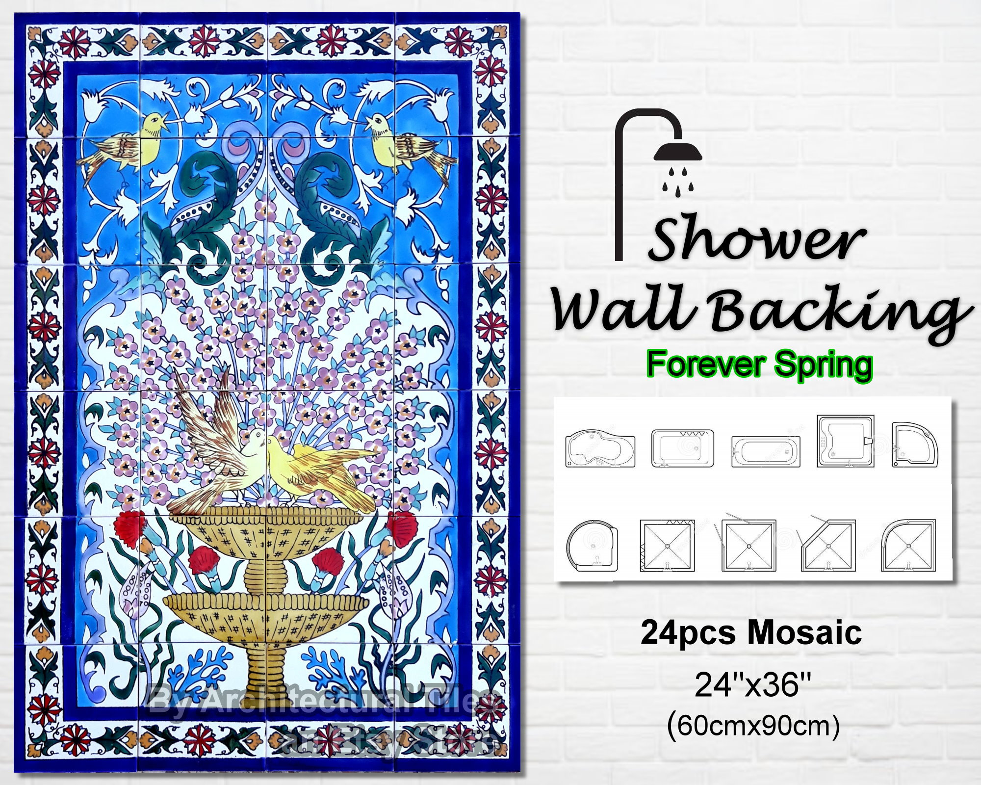 Architectural Tiles, Standard Size Shower Backing Handpainted Birds