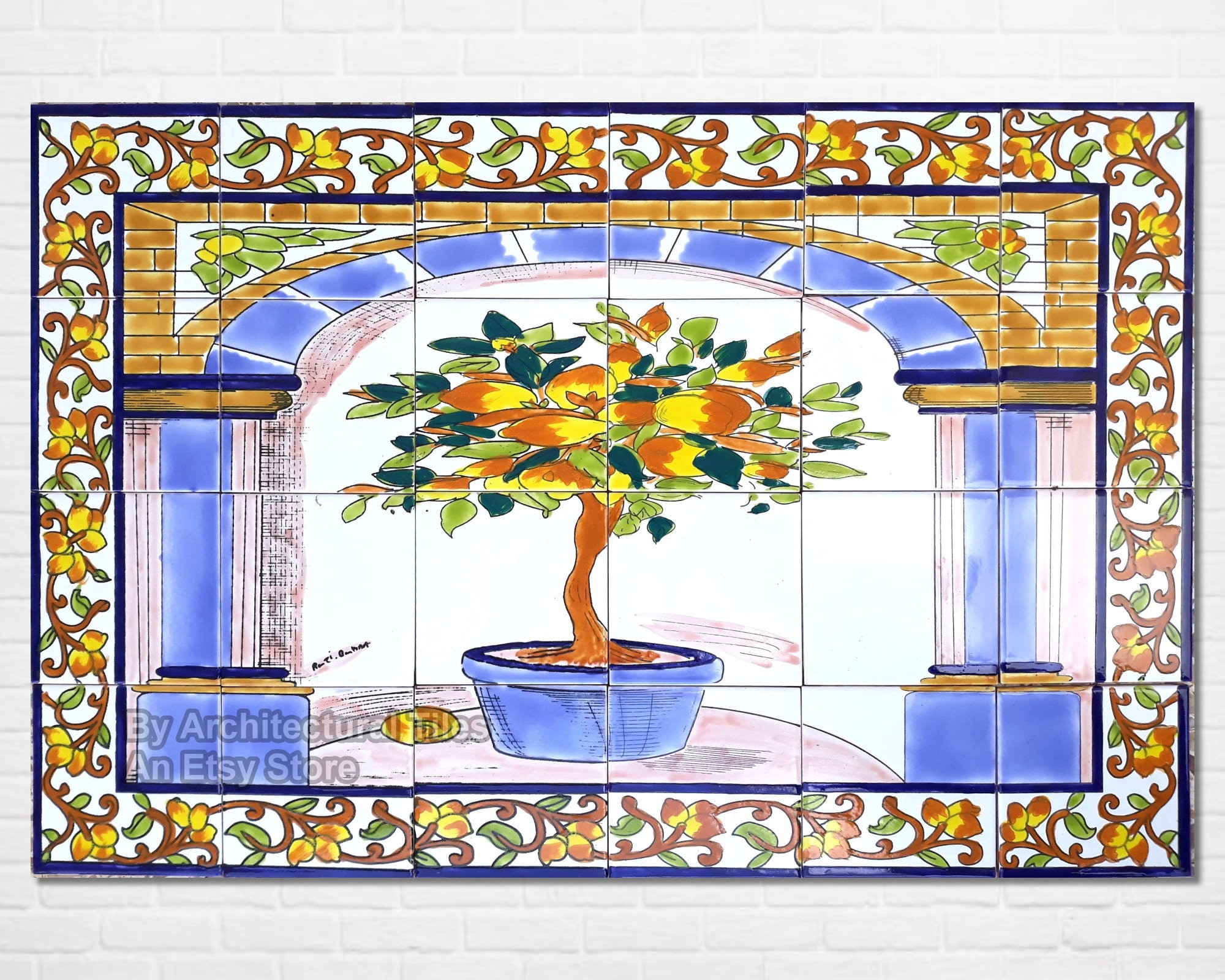 Architectural Tiles, 36"x24" Hand Painted Lemon Tree Decorative Mosaic Wall Kitchen Backsplash Murals