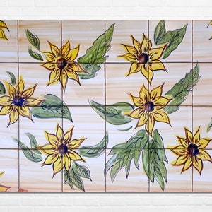 Architectural Tiles, 36inx24in Hand Painted Mosaic Murals, Sunflowers Backsplash Design - Ceramic Wall Tiles Painting Art