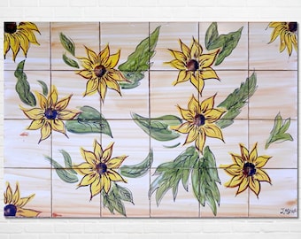 Hand Painted Sunflower Mosaic Mural: Ceramic Tile Backsplash (36inx24in)