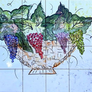 Piastrelle architettoniche, murales a mosaico dipinti a mano da 36 x 24 pollici, design del paraspruzzi della cucina con cesto d'uva - Piastrelle in ceramica per pareti, pittura artistica