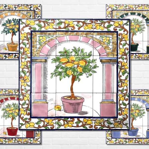 Architectural Tiles, Hand Painted 9pcs Lemon Tree Decorative Mosaic Wall Kitchen Backsplash Murals 18"x18" (45cmx45cm)