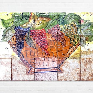 Architectural Tiles, 30inx18in Hand Painted Mosaic Murals, Grapes Basket Kithen Backsplash Design - Ceramic Wall Tiles Painting Art