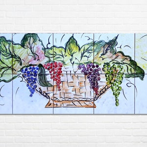 Architectural Tiles, 30inx12in Hand Painted Mosaic Murals, Grapes Basket Kitchen Backsplash Design - Ceramic Wall Tiles Painting Art