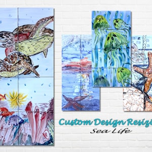 Puede incluir: Un conjunto de nueve azulejos de cerámica con temática de vida marina. Los azulejos están pintados con imágenes de tortugas marinas, medusas, estrellas de mar y corales. Los azulejos están dispuestos en forma de cuadrícula y están listos para ser instalados en una pared o un suelo.