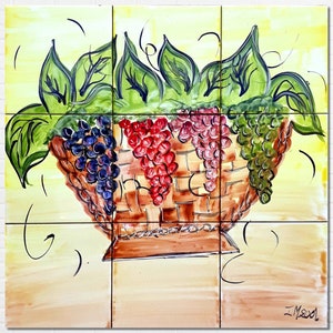Architectural Tiles, 18inx18in Hand Painted Mosaic Murals, Grapes Basket Kitchen Backsplash Design - Ceramic Wall Tiles Painting Art