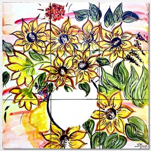 Architectural Tiles, 18inx18in Hand Painted Mosaic Murals, Sunflowers Backsplash Design - Ceramic Wall Tiles Painting Art