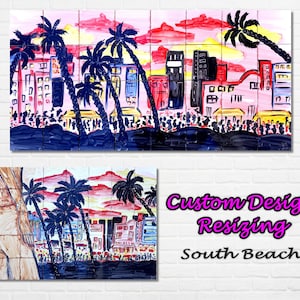 Könnte beinhalten: Ein farbenfrohes Gemälde einer Stadtlandschaft mit Palmen und einem rosafarbenen Sonnenuntergang. Das Gemälde ist in Quadrate unterteilt, was einen Mosaik-Effekt erzeugt. Der Text "Custom Design Resizing South Beach" ist unter dem Gemälde geschrieben.