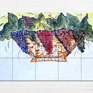 Architectural Tiles, 30inx18in Hand Painted Mosaic Murals, Grapes Basket Kithen Backsplash Design - Ceramic Wall Tiles Painting Art