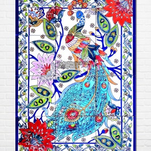 Decorative Backsplash Peacock Design Hand Painted Mosaic Wall Murals Ceramic Tiles