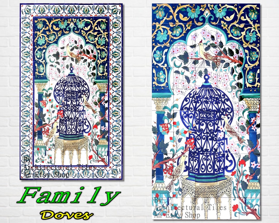 Architectural Tiles, Hand Painted Family Doves Decorative Mosaic Wall ...