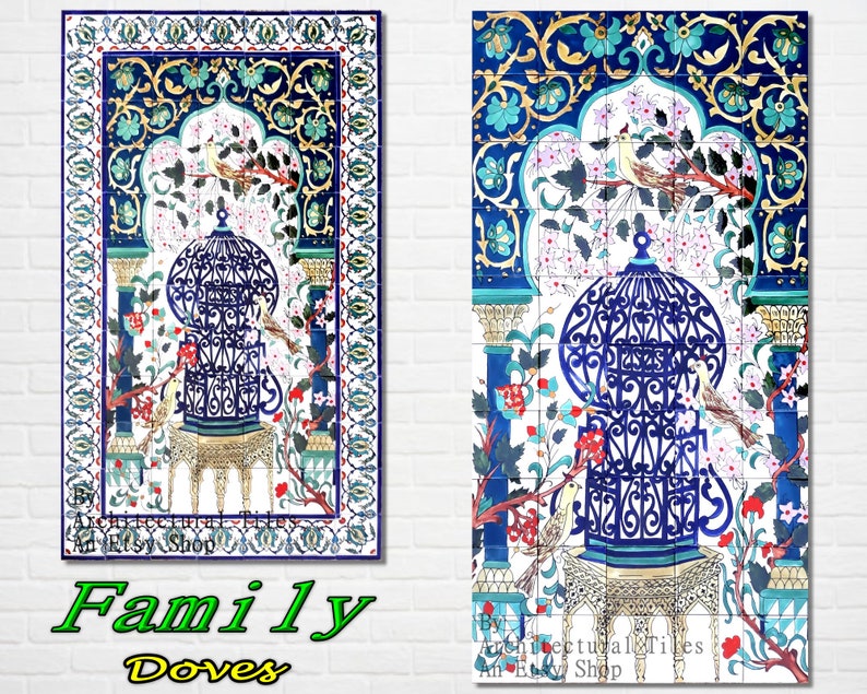 Architectural Tiles, Hand Painted Family Doves Decorative Mosaic Wall Backsplash Murals image 1