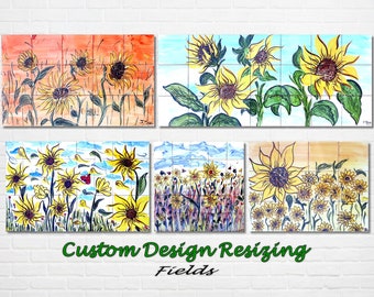 Hand-Painted Sunflower Tile Mural: French Country Ceramic Art