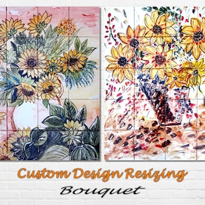 Architectural Tiles, Hand Painted Mosaic Murals, Sunflowers Backsplash, Custom Design Service - Ceramic Wall Tiles Painting Art