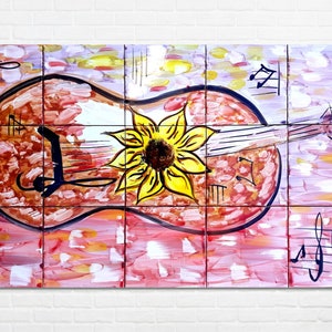 Architectural Tiles, 30inx18in Hand Painted Mosaic Murals, Musical Guitar Backsplash Design - Ceramic Wall Tiles Painting Art