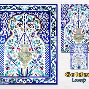 May include: A decorative tile mural with a blue and white background. The mural features a gold vase with floral designs hanging from a chain. The vase is surrounded by intricate floral patterns in shades of blue, green, yellow, and red. The text "Golden Lamp" is visible in the bottom right corner of the image.