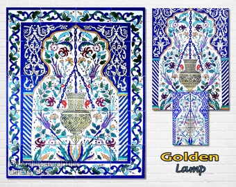 Architectural Tiles, Hand Painted Golden Lamp Turkish Decorative Mosaic Wall Kitchen Splashback Murals