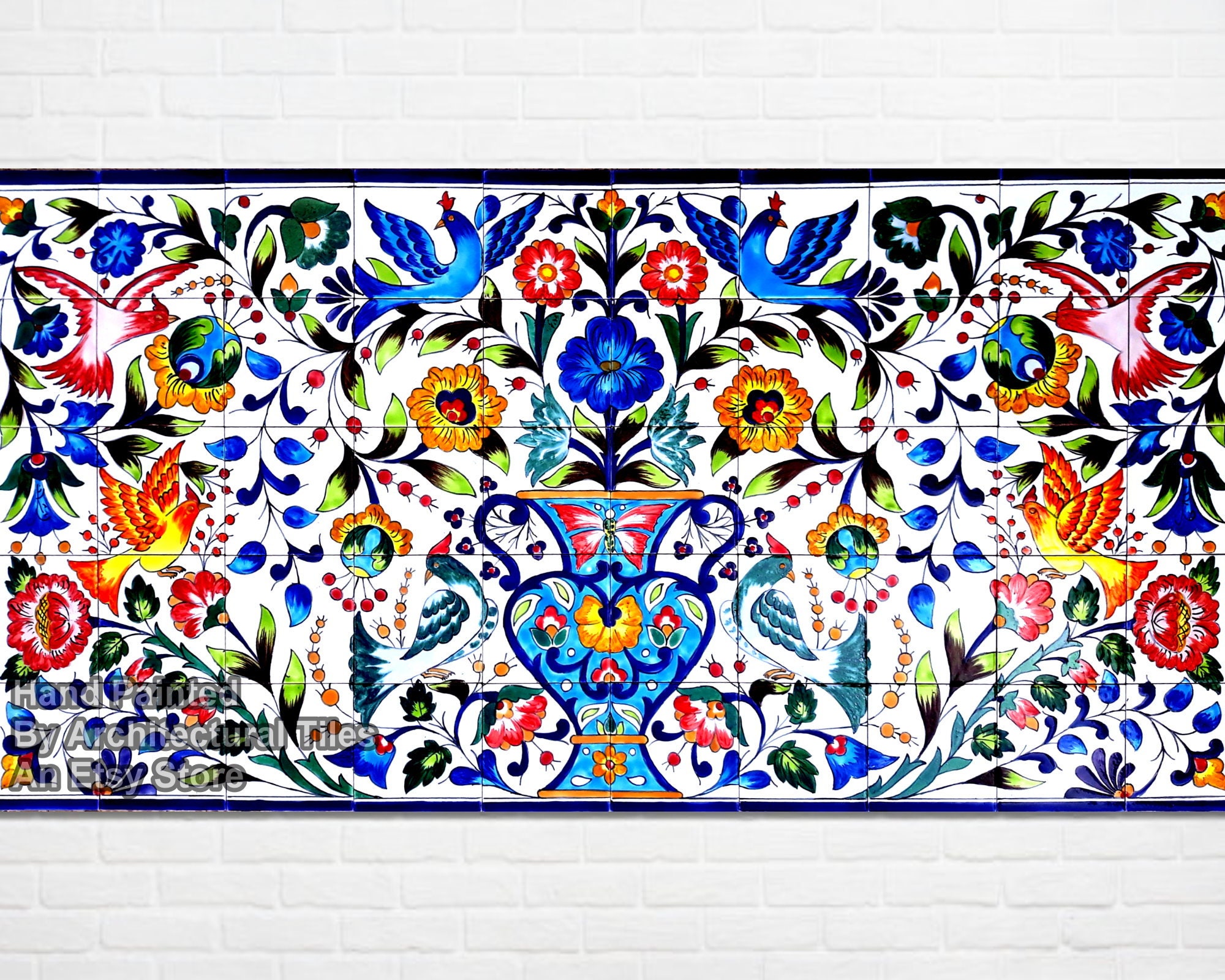 60inx30in Hand Painted Ceramic Tiles Floral Garden Decorative Etsy