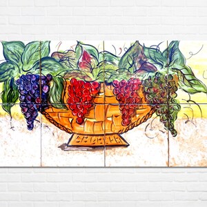Architectural Tiles, 24inx12in Hand Painted Mosaic Murals, Grapes Basket Kitchen Backsplash Design - Ceramic Wall Tiles Painting Art
