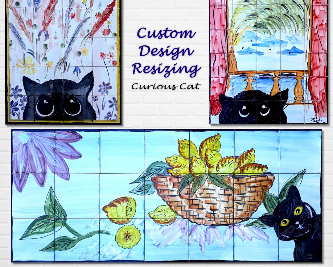 Architectural Tiles, Hand Painted Mosaic Murals, Curious Cat Novelty Backsplash, Custom Design
