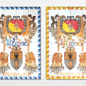 24inx36in Italian Classic Welcome Sign Sicilian Moor&#39;s Head Legend , Ceramic Tiles Mosaic Mural Exterior Interior Wall Tiles