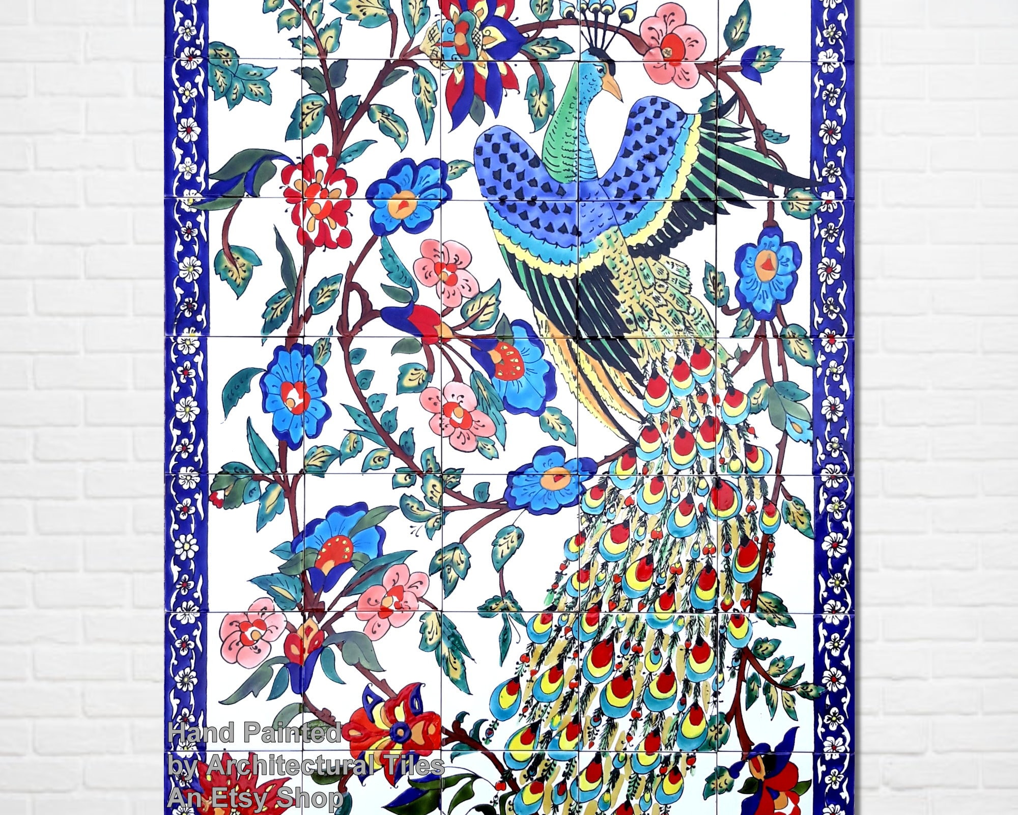 Peacock Garden Large Mosaic 35 Ceramic Tiles Set, 30inx42in Hand Painted Mosaic Mural Backsplash