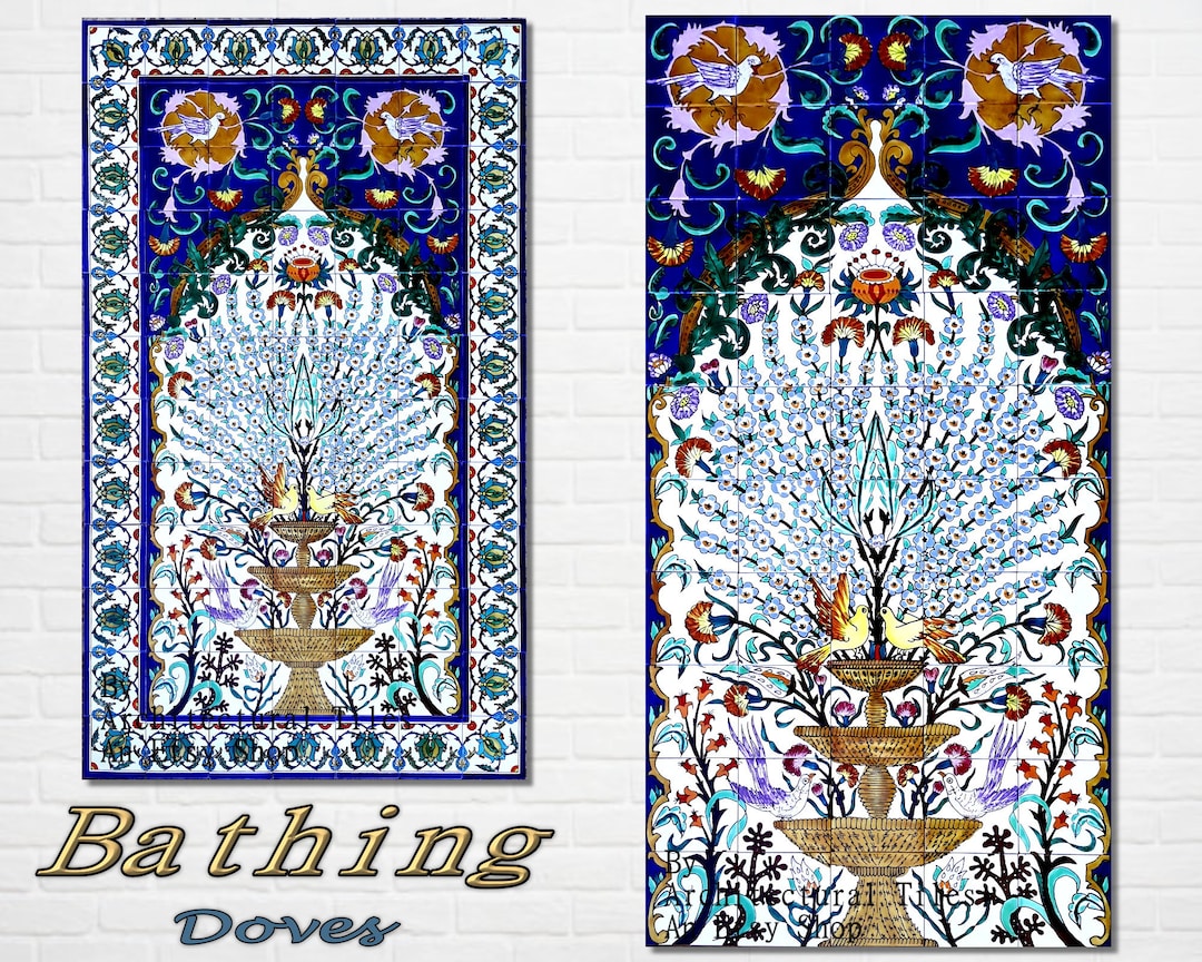Architectural Tiles, Hand Painted Bathing Doves on Fountain Decorative ...
