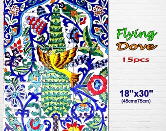 Architectural Tiles, Arabesque Handpainted Flying Doves Decorative Mosaic Wall Backsplash Murals Ceramic Tiles