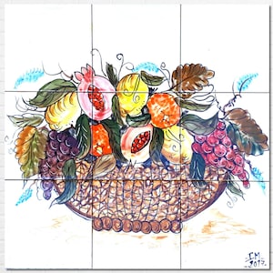 Architectural Tiles, 18inx18in Hand Painted Mosaic Murals, Fruit Basket Kitchen Backsplash Design - Ceramic Wall Tiles Painting Art