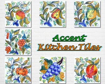 Architectural Tiles, 6inx6in Accent Kitchen Decorative Ceramic Tiles, Lemon, Pear, Grapes, Berries, Peach, Pomegranate, Oranges