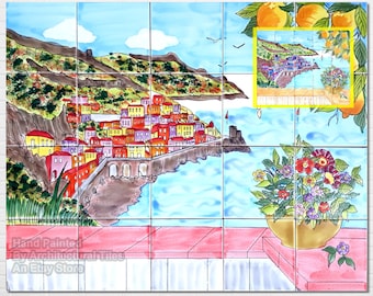 Amalfi Coast Mosaic Tile Mural: Hand-Painted Italian Design, 30x24 in